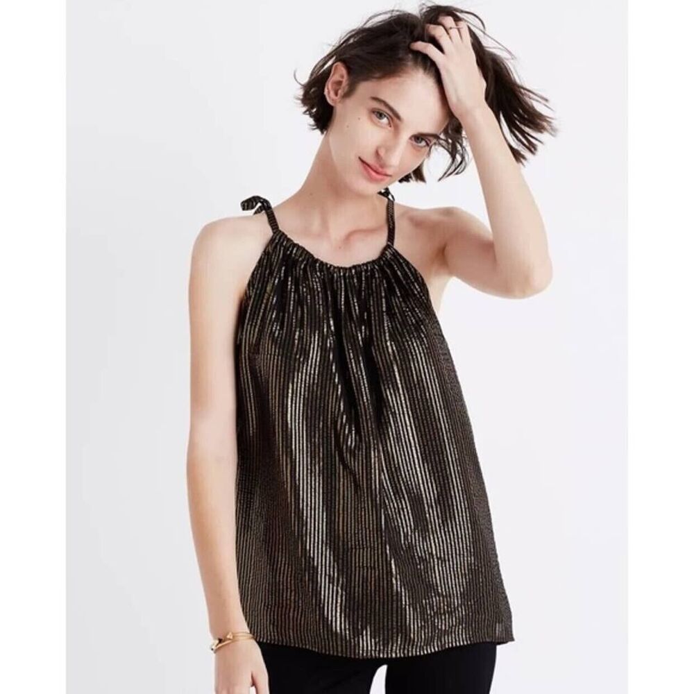 Madewell Black Gold Metallic Striped Tie Strap Silk Blend Blouse Size 0